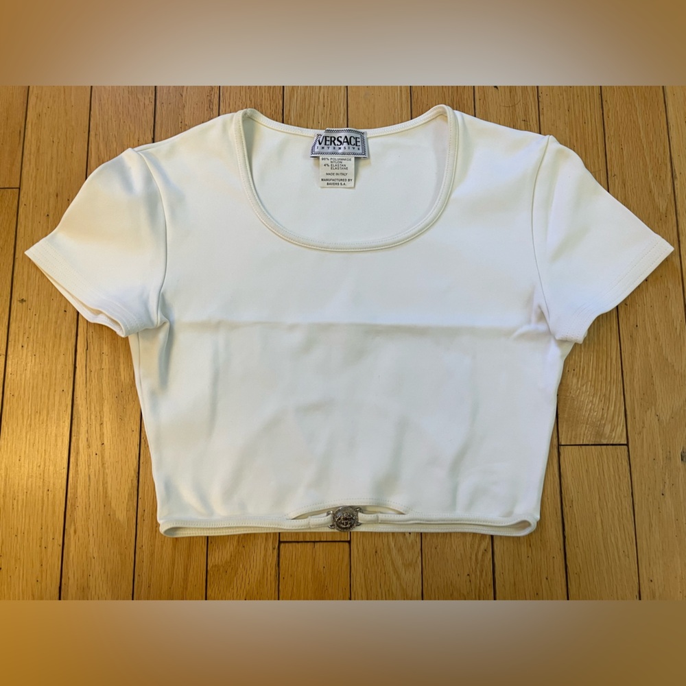 Versace White Crop Top with Gold Medallion